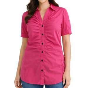 Lafayette 148 New York Hot Pink Ruched Short Sleeve Button Down Blouse 4 Small